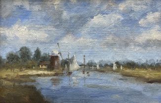 English Impressionist School (20th century): Dutch Landscape with Windmill and Boats