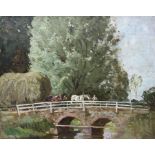 English Impressionist School (Mid-20th century): Horse and Haycart led over Bridge