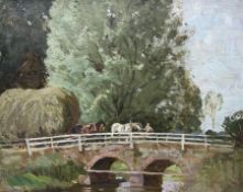 English Impressionist School (Mid-20th century): Horse and Haycart led over Bridge