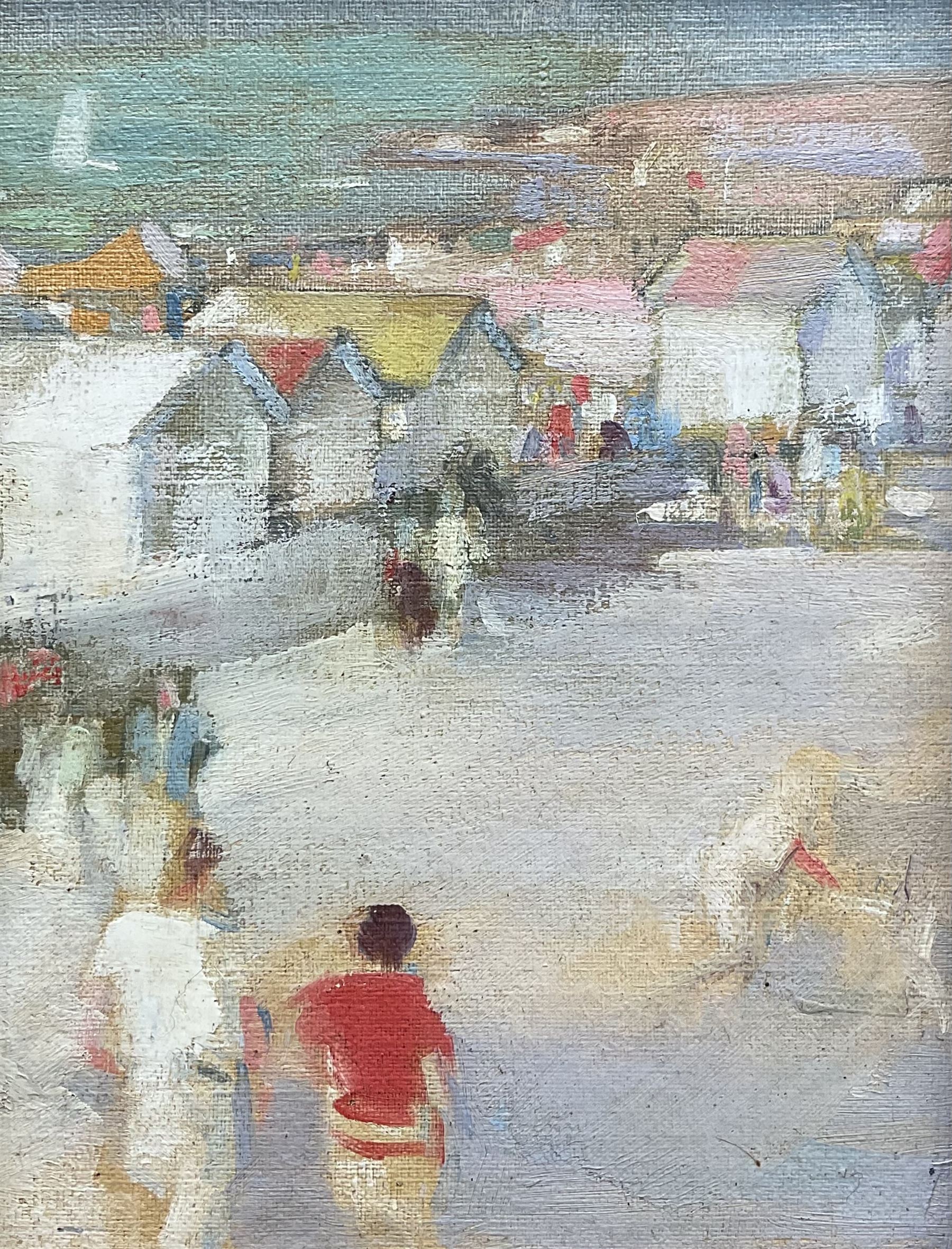 Walter John Beauvais (British 1942-1998): Figures in a Coastal Town