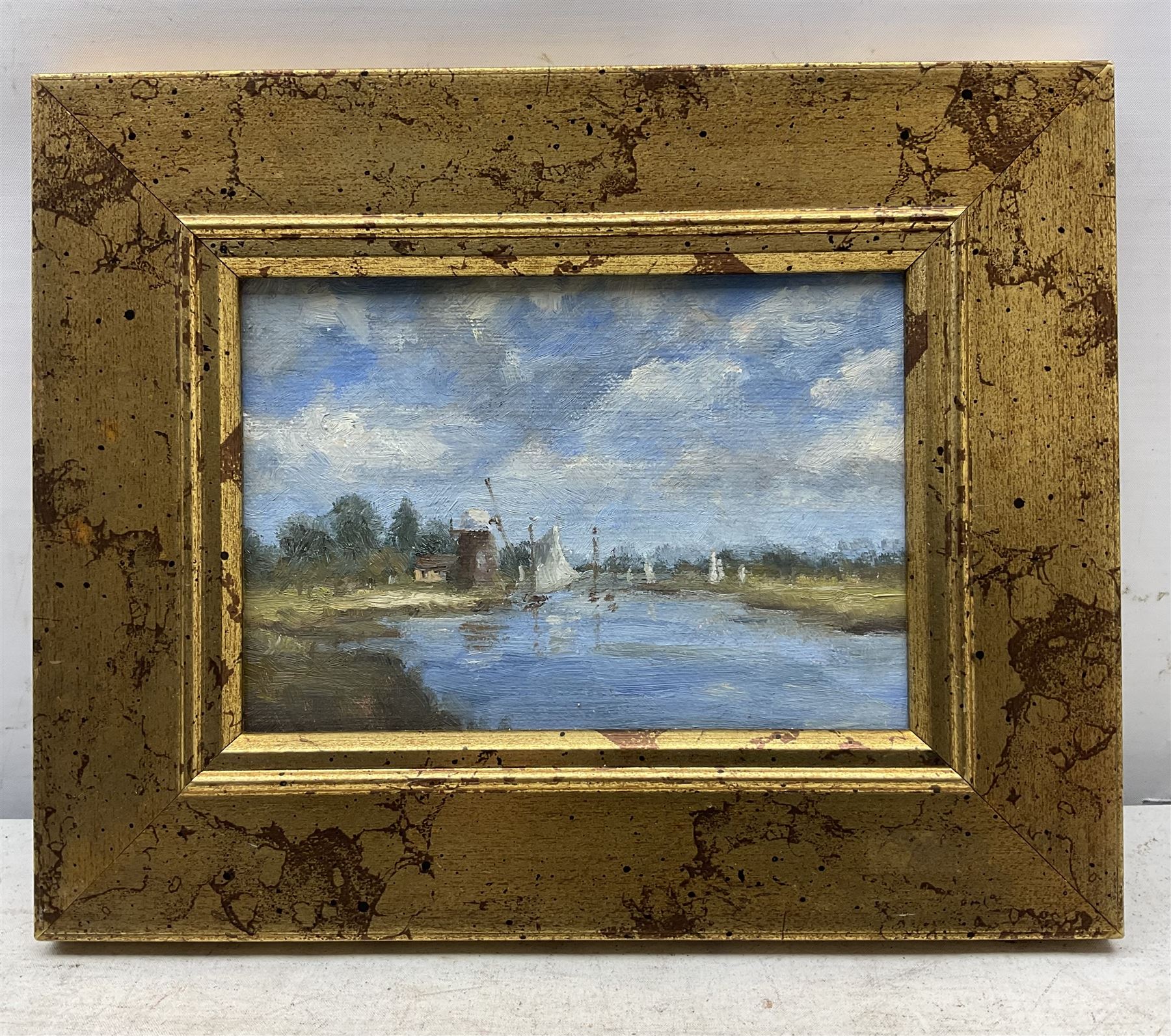 English Impressionist School (20th century): Dutch Landscape with Windmill and Boats - Image 2 of 2