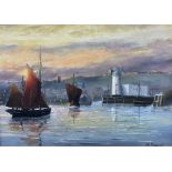 Robert Sheader (British 20th century): Scarborough Harbour at Sunset with Calm Seas