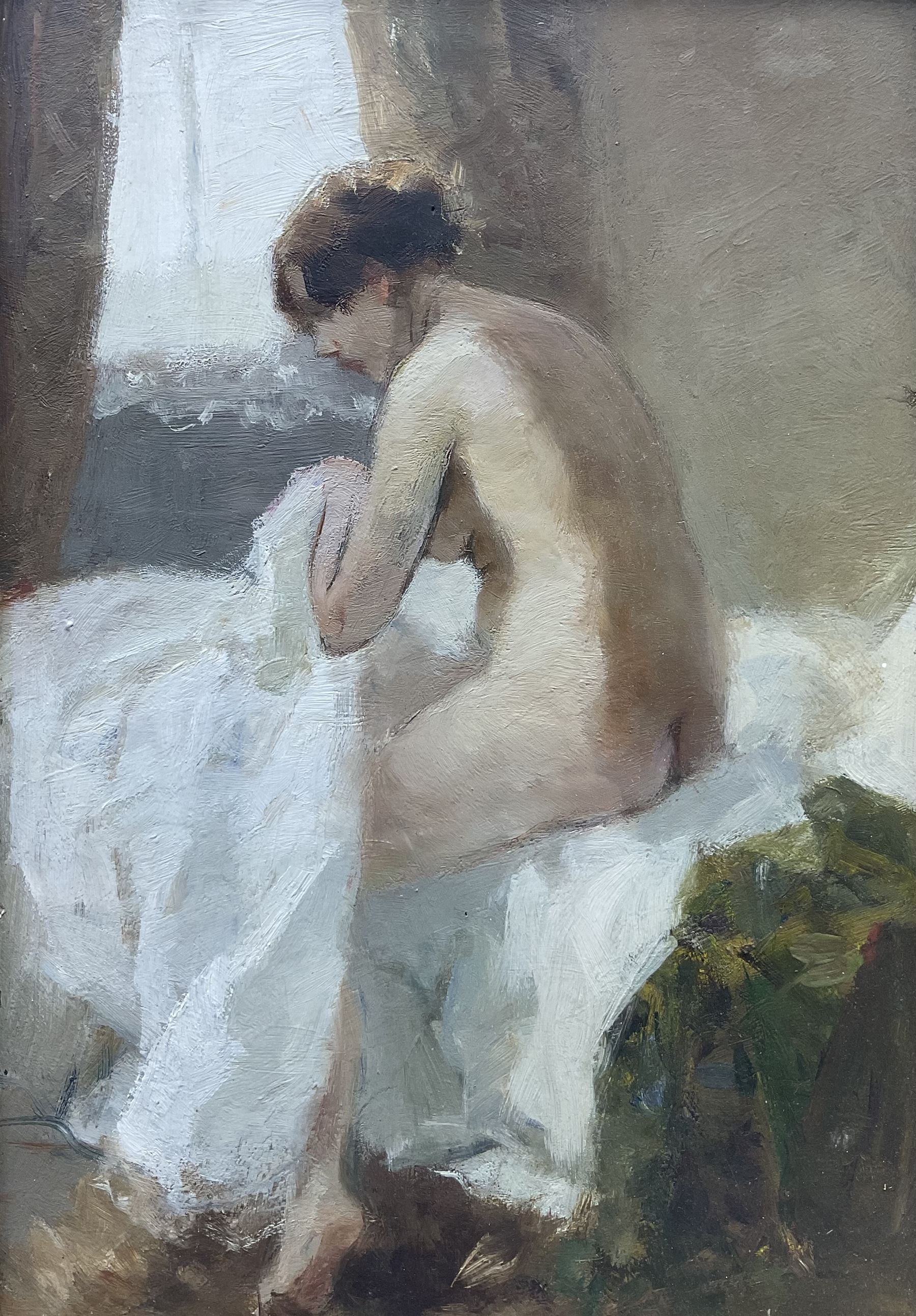 Continental School (19th/20th century): Female Nude getting out of Bed