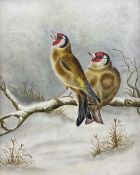 B Slatter (British 19th century): Goldfinches on a Wintry Branch