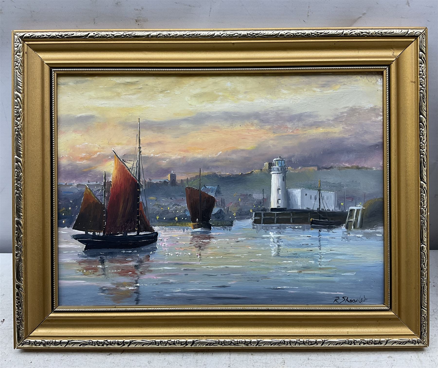 Robert Sheader (British 20th century): Scarborough Harbour at Sunset with Calm Seas - Image 2 of 2