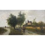 J Biron (Continental 20th century): Figure Leading Cow in Dutch Landscape