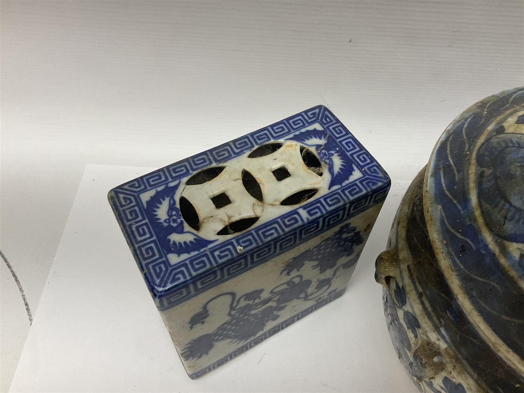 Two Chinese ceramic blue and white opium pillows with pierced ends - Image 10 of 10