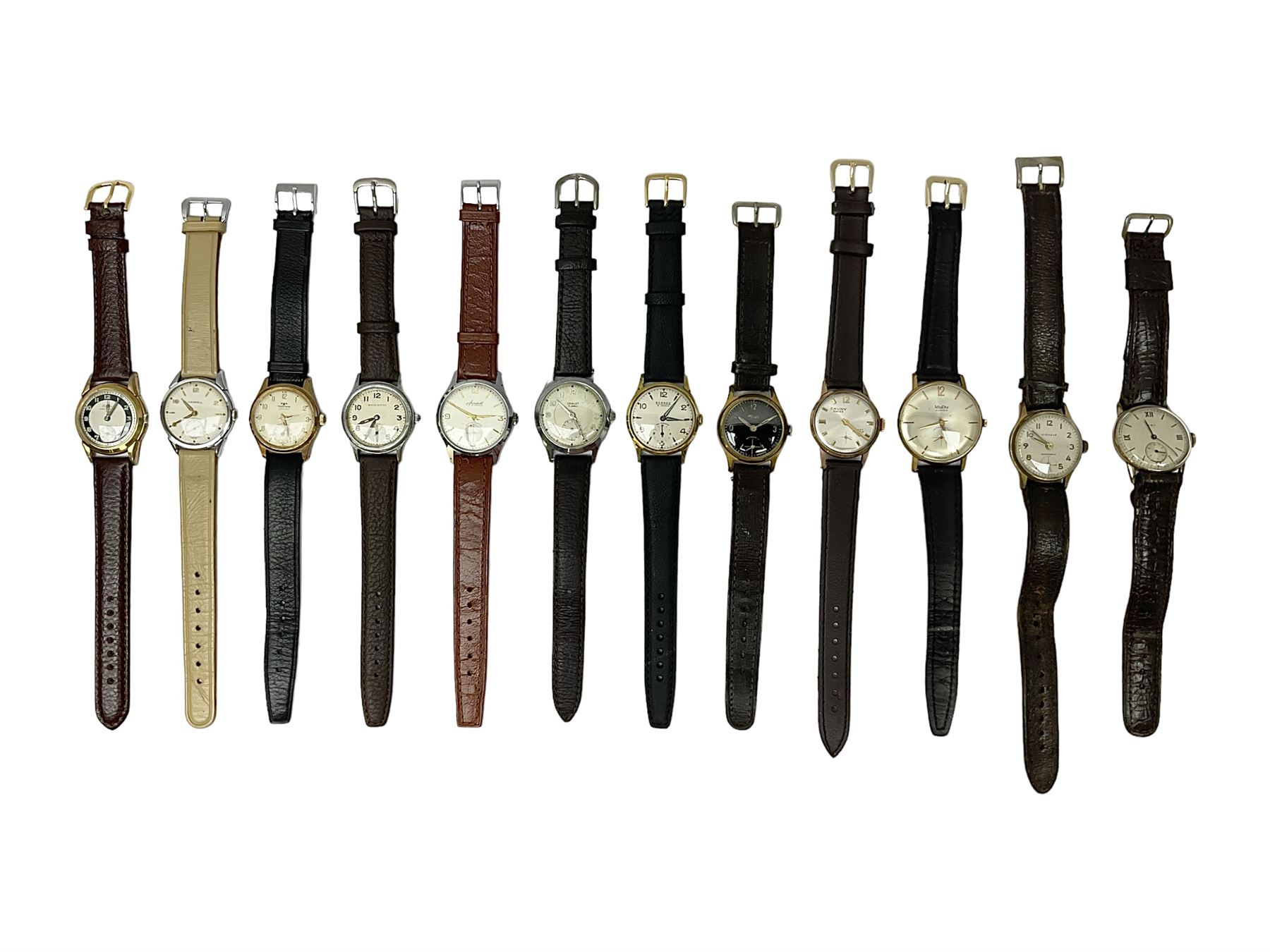 Twelve manual wind wristwatches including MuDu