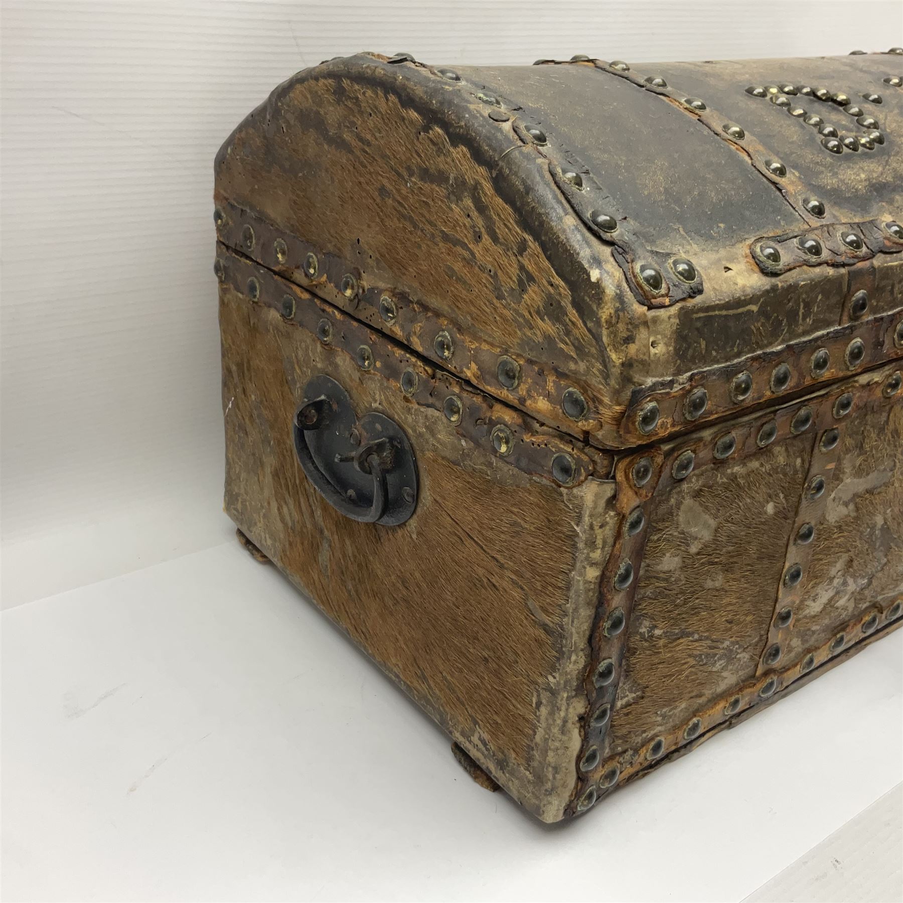 19th century pony skin dome top trunk with metal studded detail - Image 5 of 13