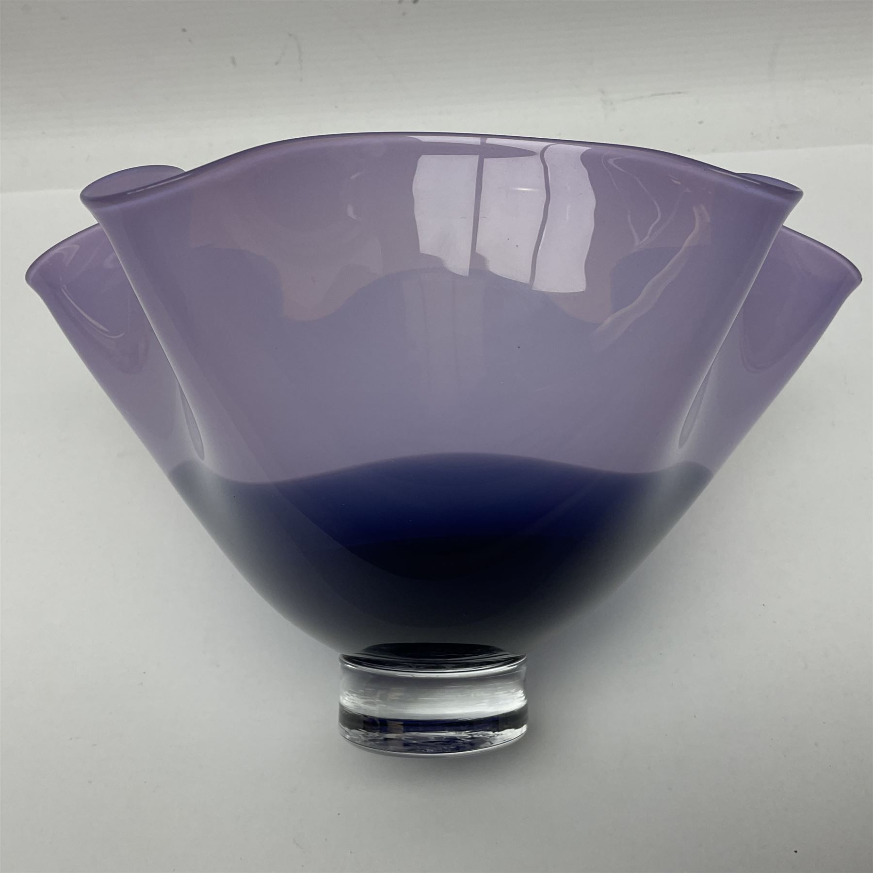 Gillies Jones of Rosedale two tone purple glass vase with crimped rim on a short pedestal foot - Image 6 of 7