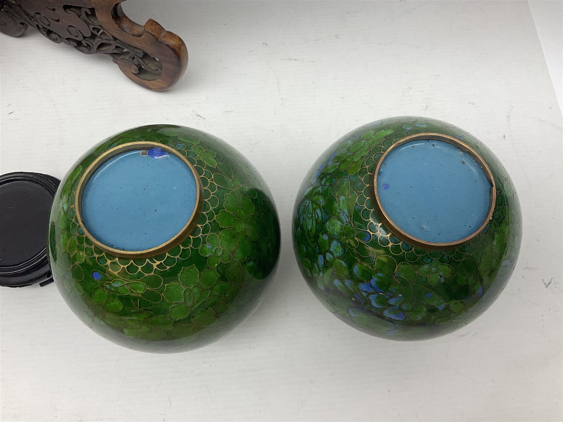 Pair of modern cloisonne ginger jars having floral decoration with a green ground - Image 6 of 13