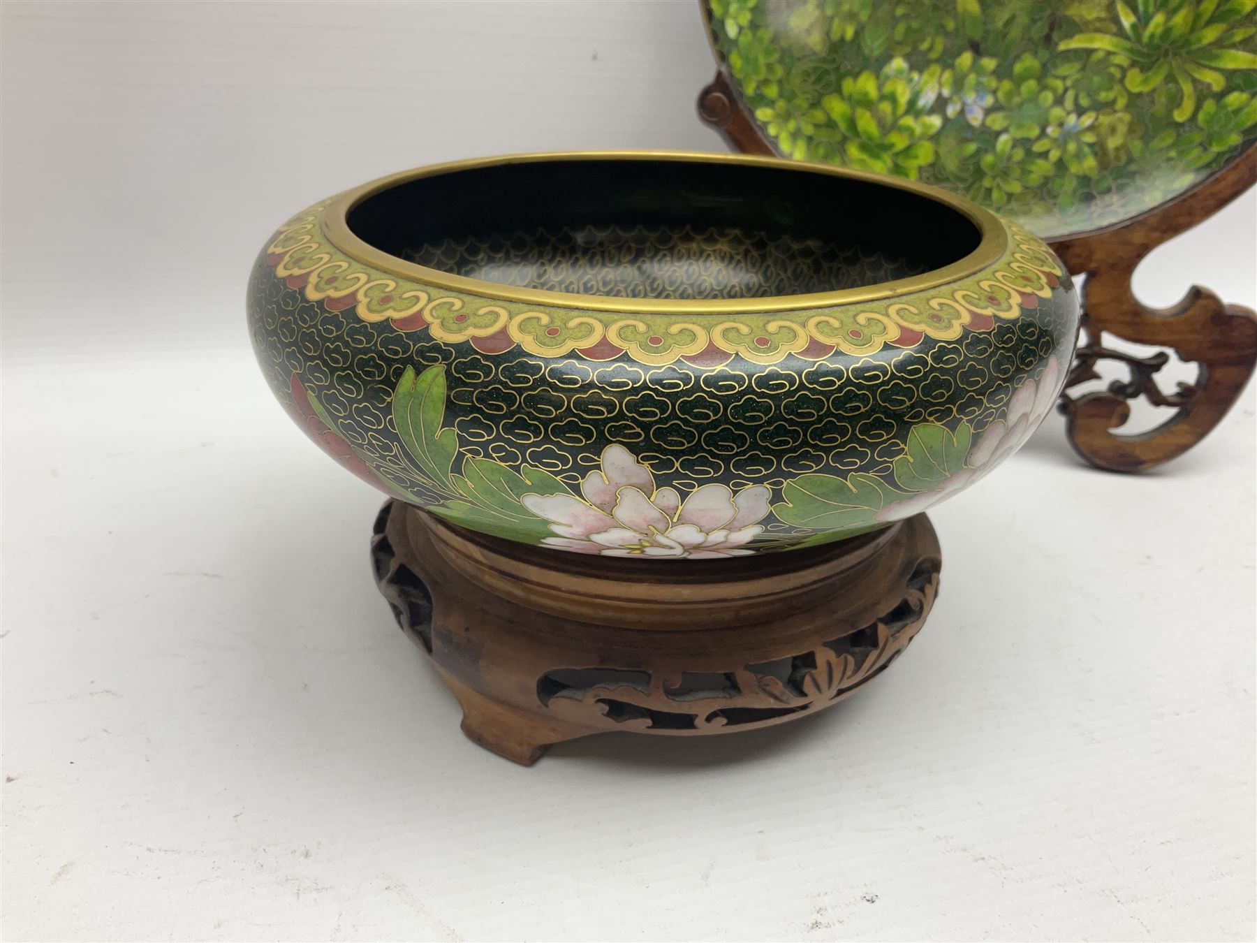 Pair of modern cloisonne ginger jars having floral decoration with a green ground - Image 8 of 13