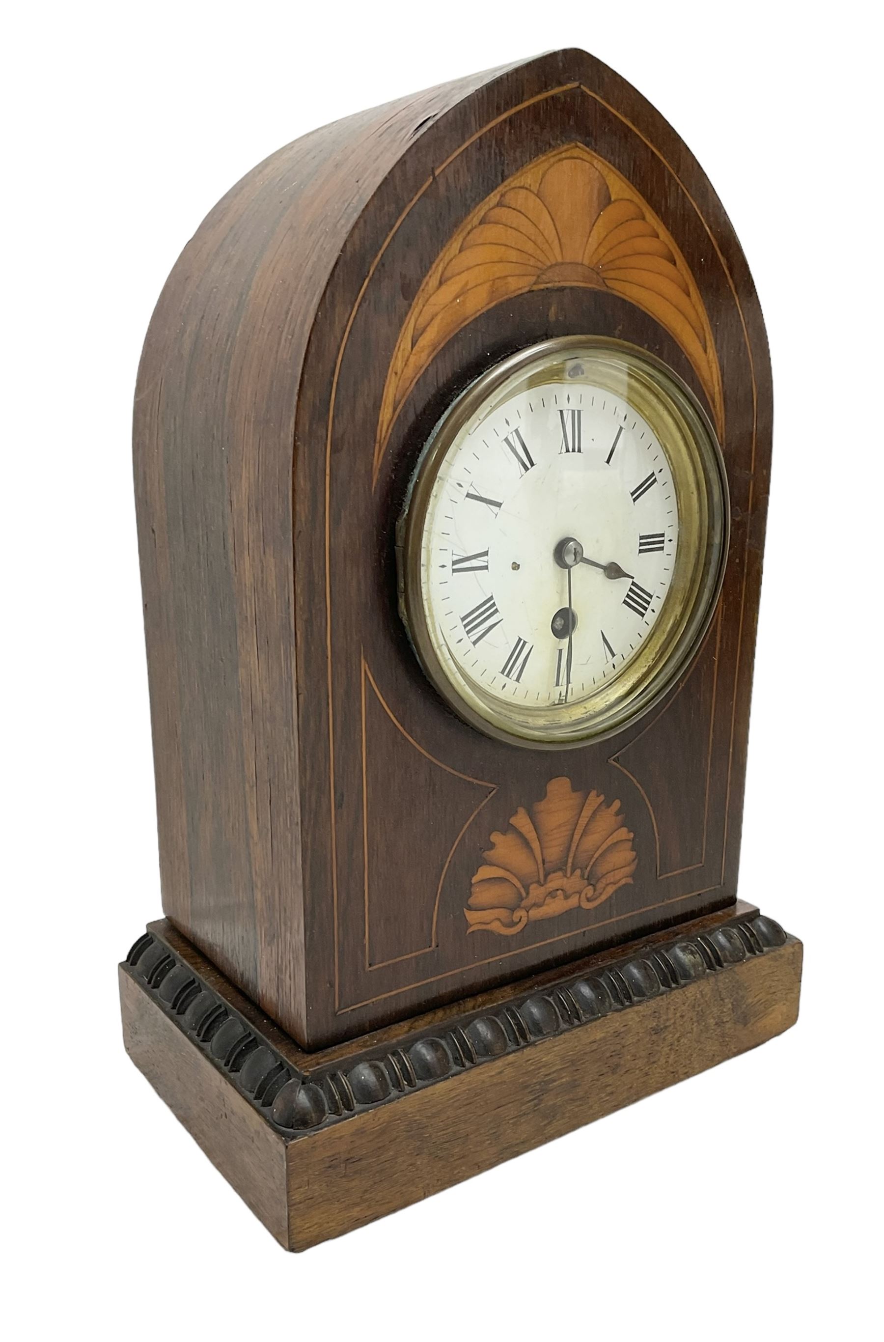 Edwardian - 8-day Rosewood veneered Lancet shaped mantle clock with contrasting inlay and satinwood - Image 2 of 4