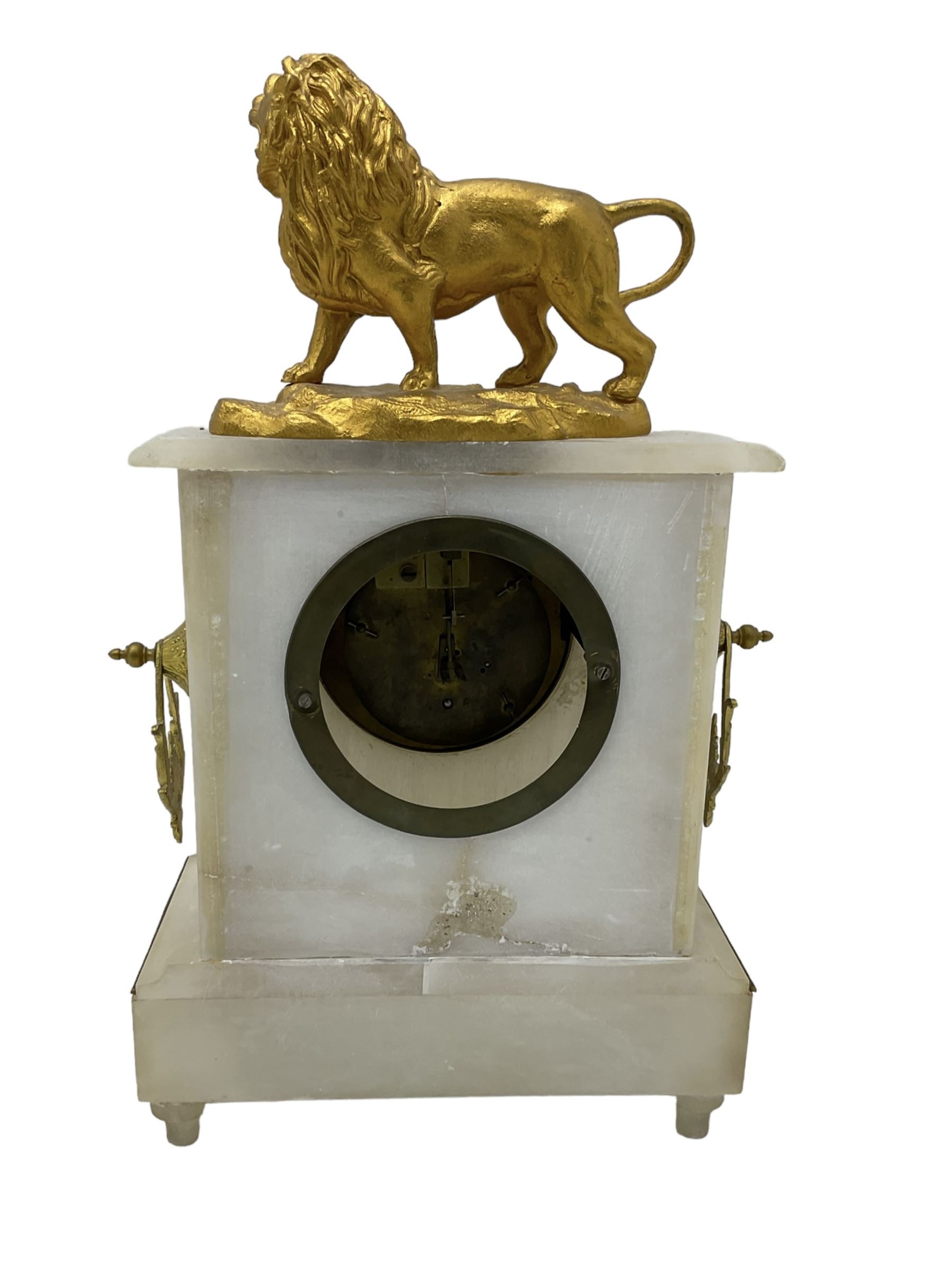 French - mid 19th century 8-day mantle clock in an alabaster case with a flat top surmounted by a gi - Image 3 of 4