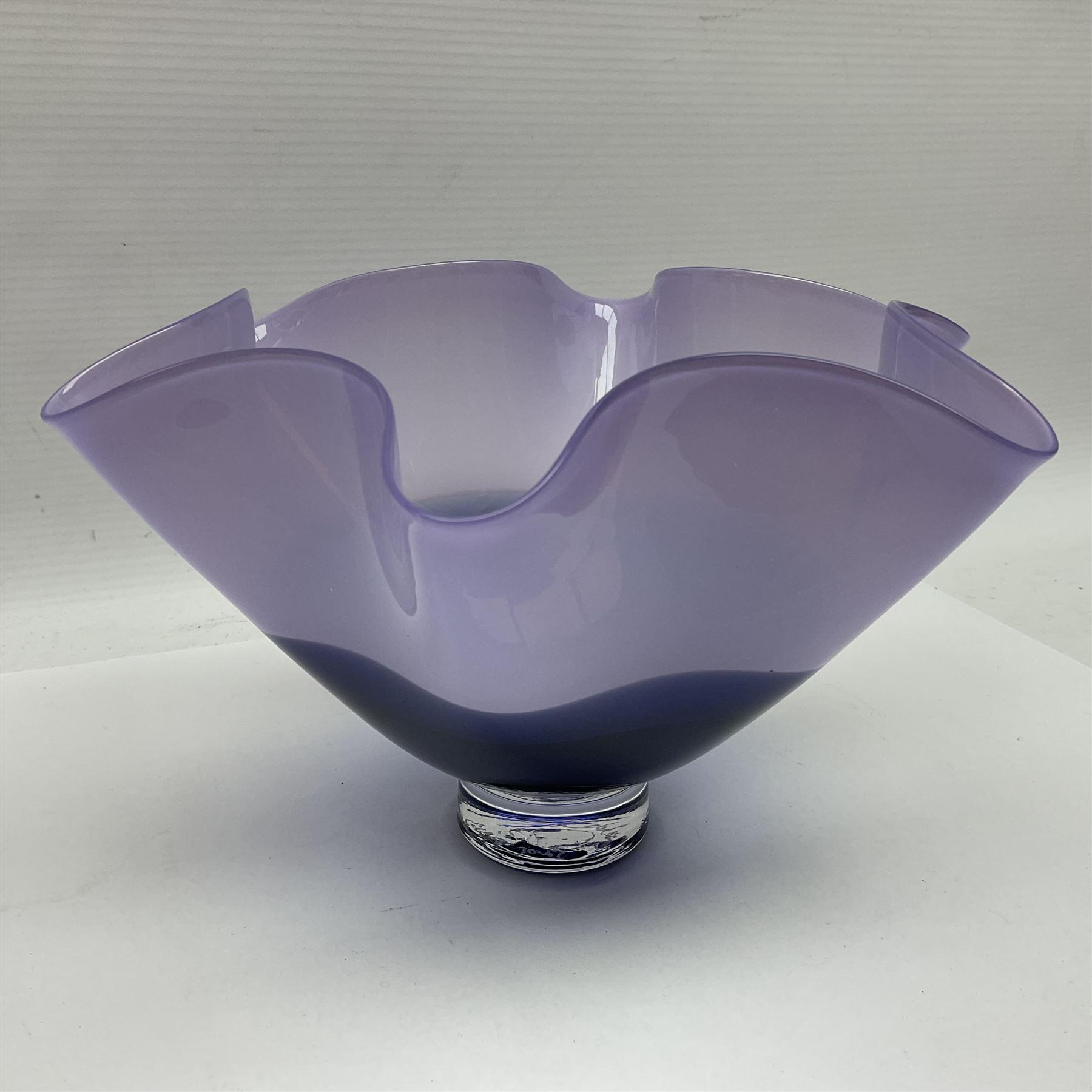 Gillies Jones of Rosedale two tone purple glass vase with crimped rim on a short pedestal foot - Image 5 of 7