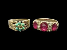 Gold paste stone set dress ring and a turquoise cluster ring