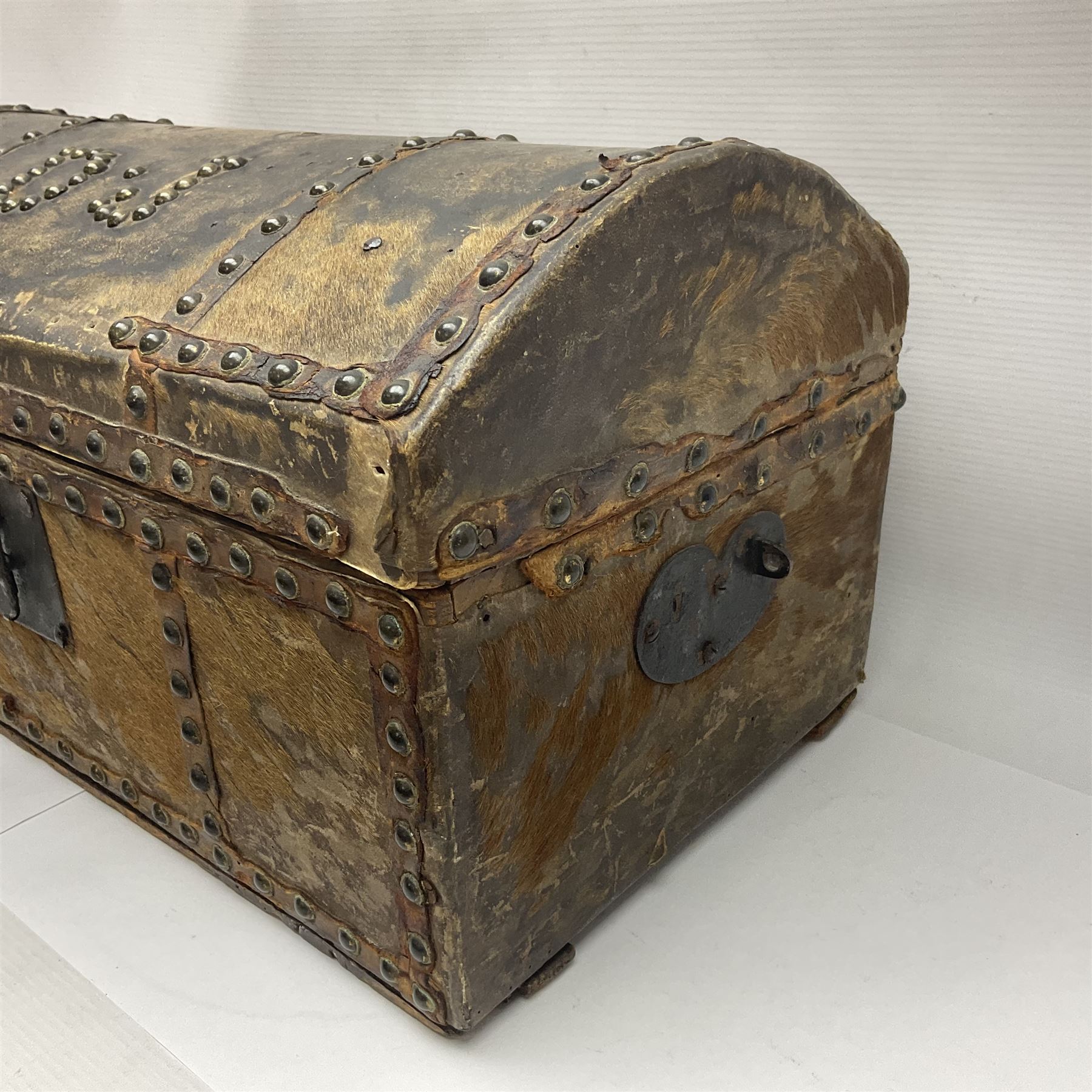 19th century pony skin dome top trunk with metal studded detail - Image 6 of 13