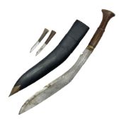 Gurkha Kukri knife with 53cm curving steel blade and wooden handle; in leather covered scabbard with
