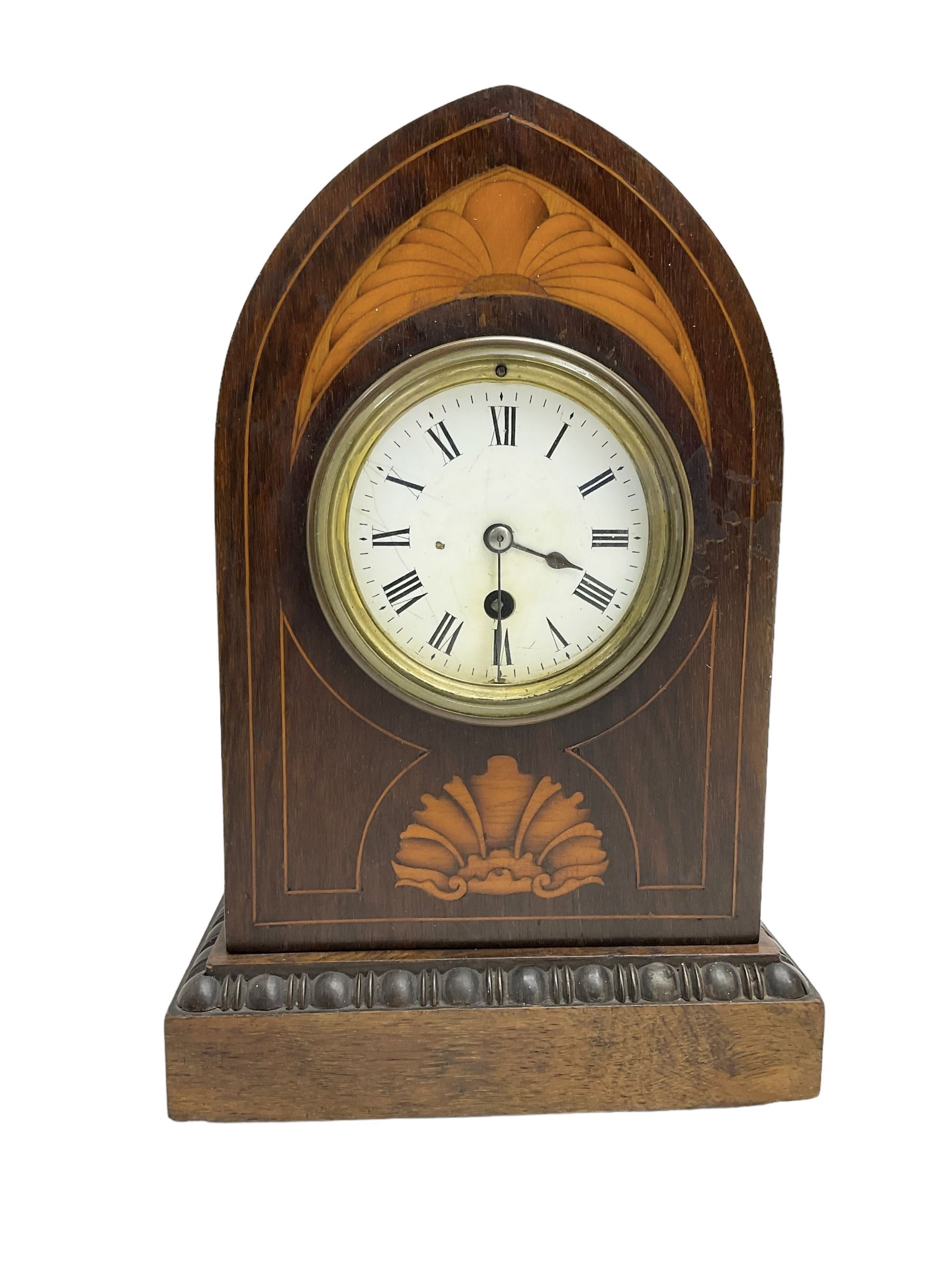 Edwardian - 8-day Rosewood veneered Lancet shaped mantle clock with contrasting inlay and satinwood