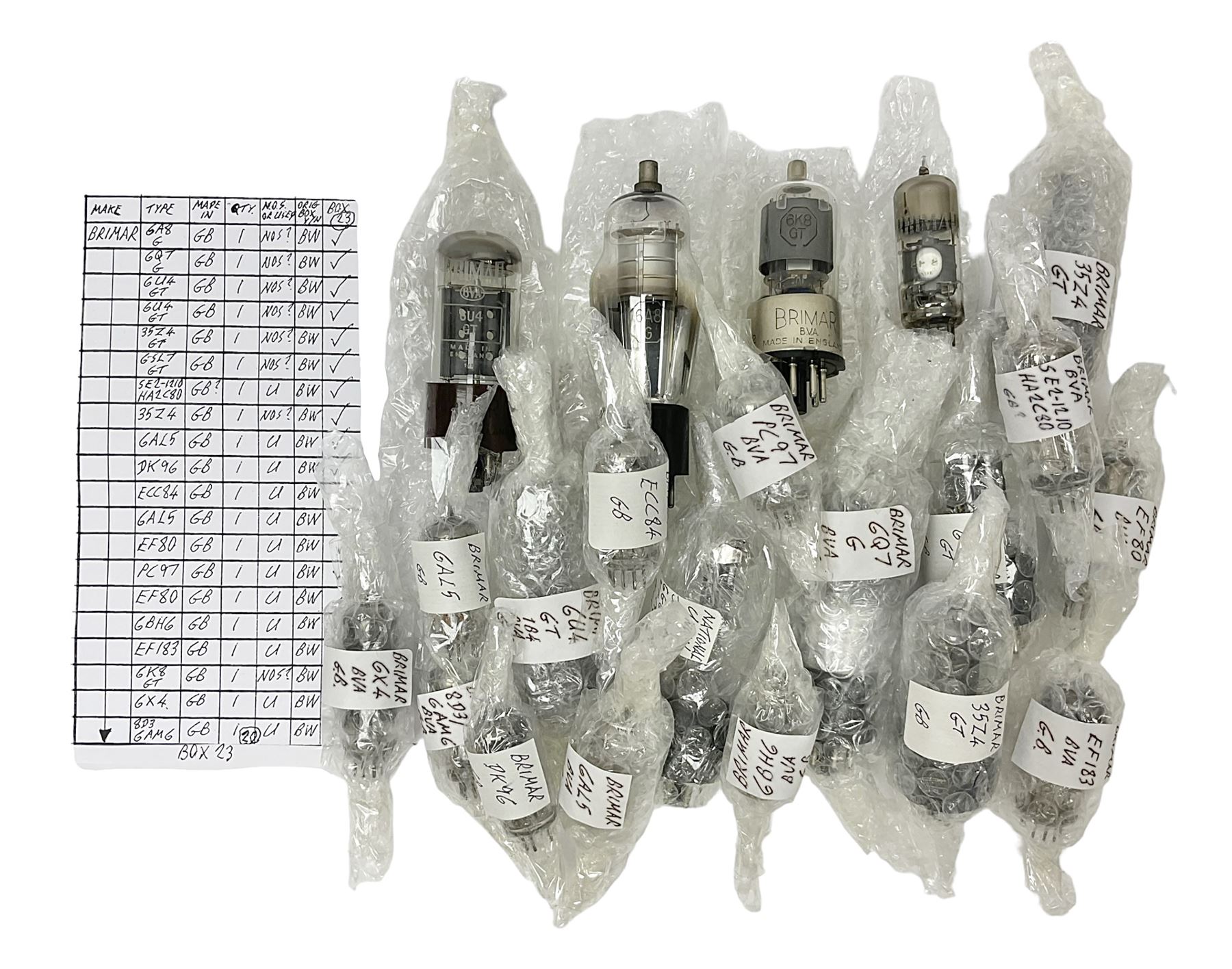 Collection of Brimar thermionic radio valves/vacuum tubes