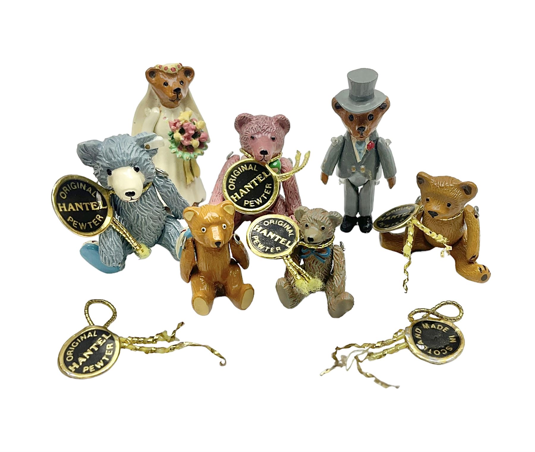 Seven Hantel miniature articulated pewter teddy bears