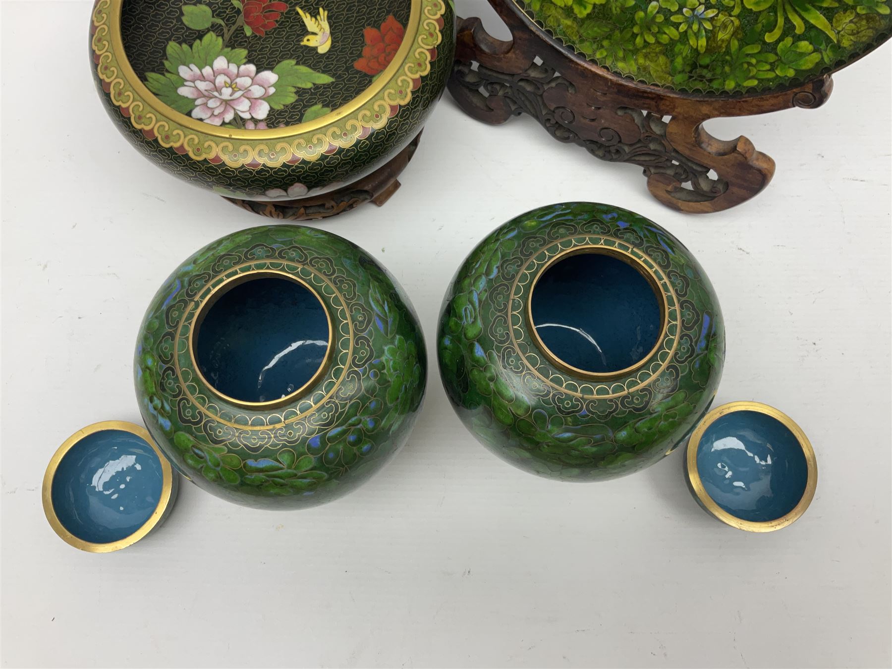 Pair of modern cloisonne ginger jars having floral decoration with a green ground - Image 3 of 13