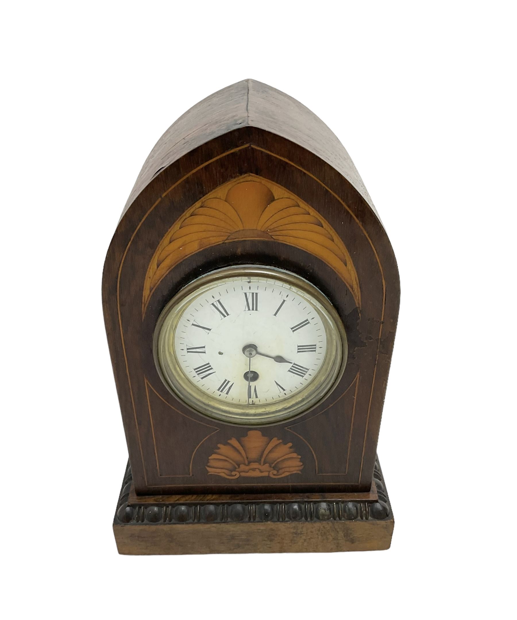 Edwardian - 8-day Rosewood veneered Lancet shaped mantle clock with contrasting inlay and satinwood - Image 4 of 4