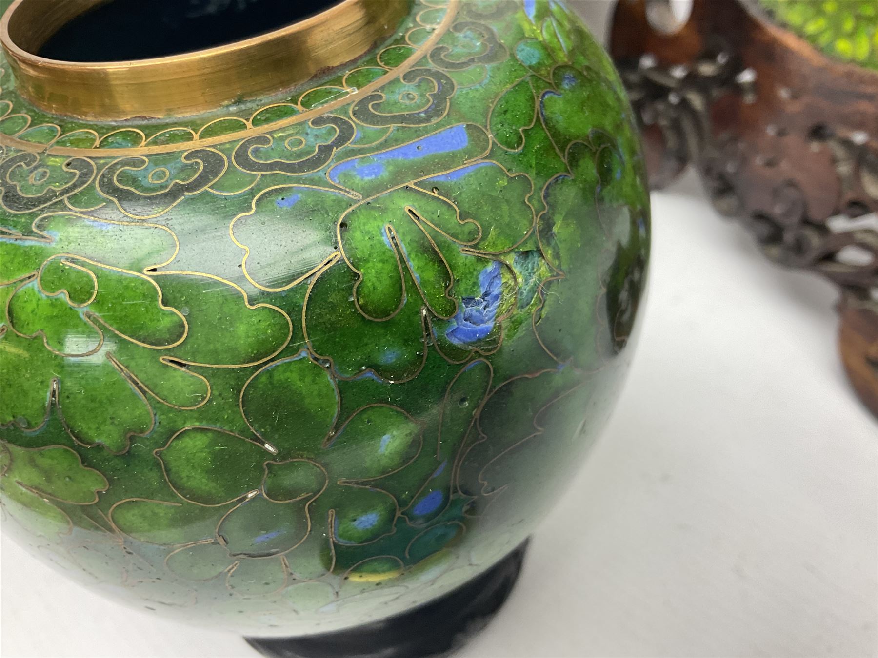 Pair of modern cloisonne ginger jars having floral decoration with a green ground - Image 4 of 13