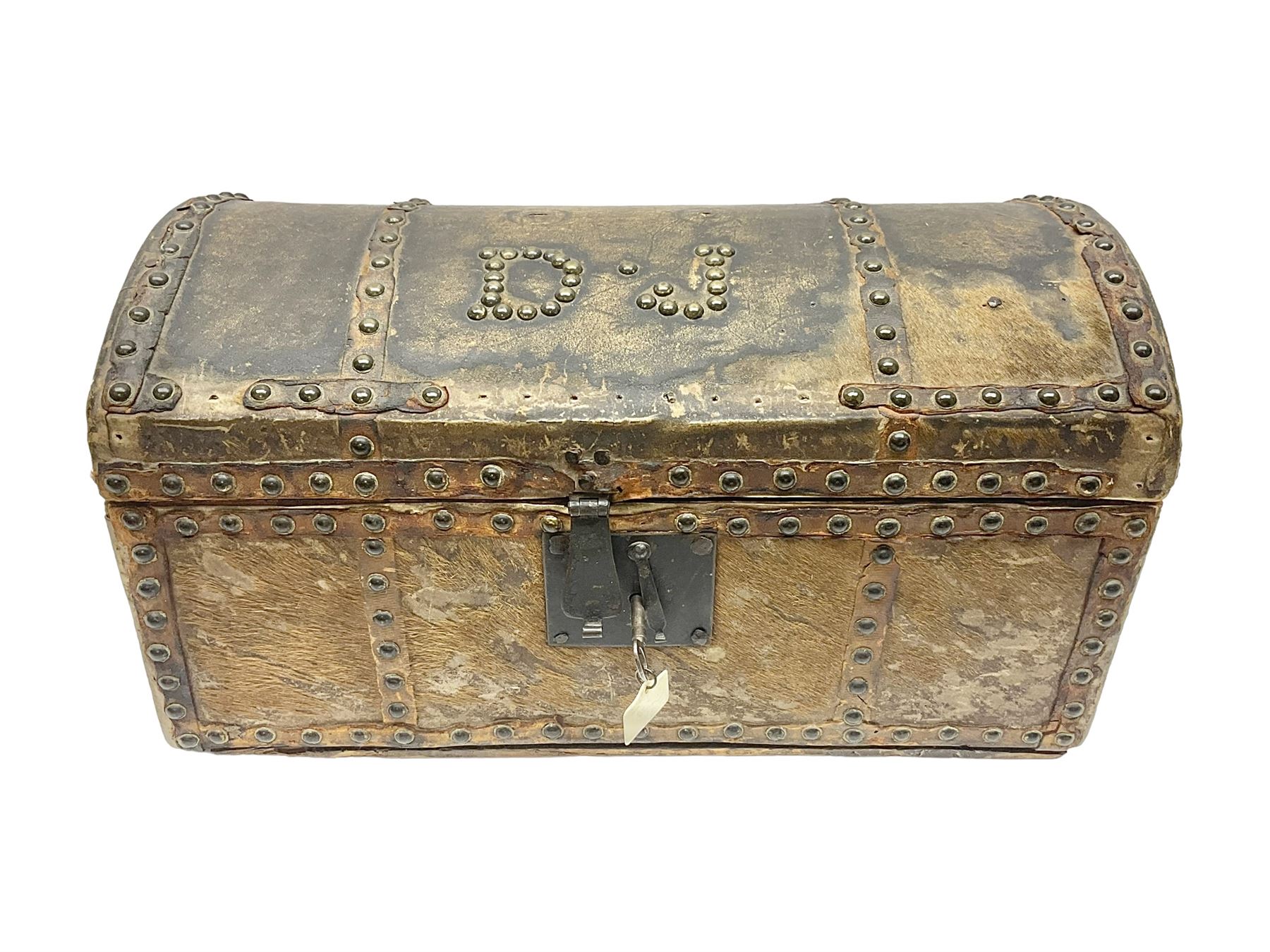 19th century pony skin dome top trunk with metal studded detail