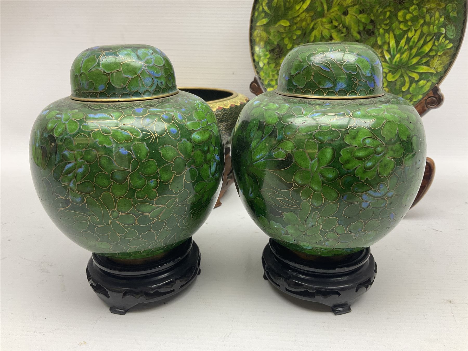 Pair of modern cloisonne ginger jars having floral decoration with a green ground - Image 2 of 13