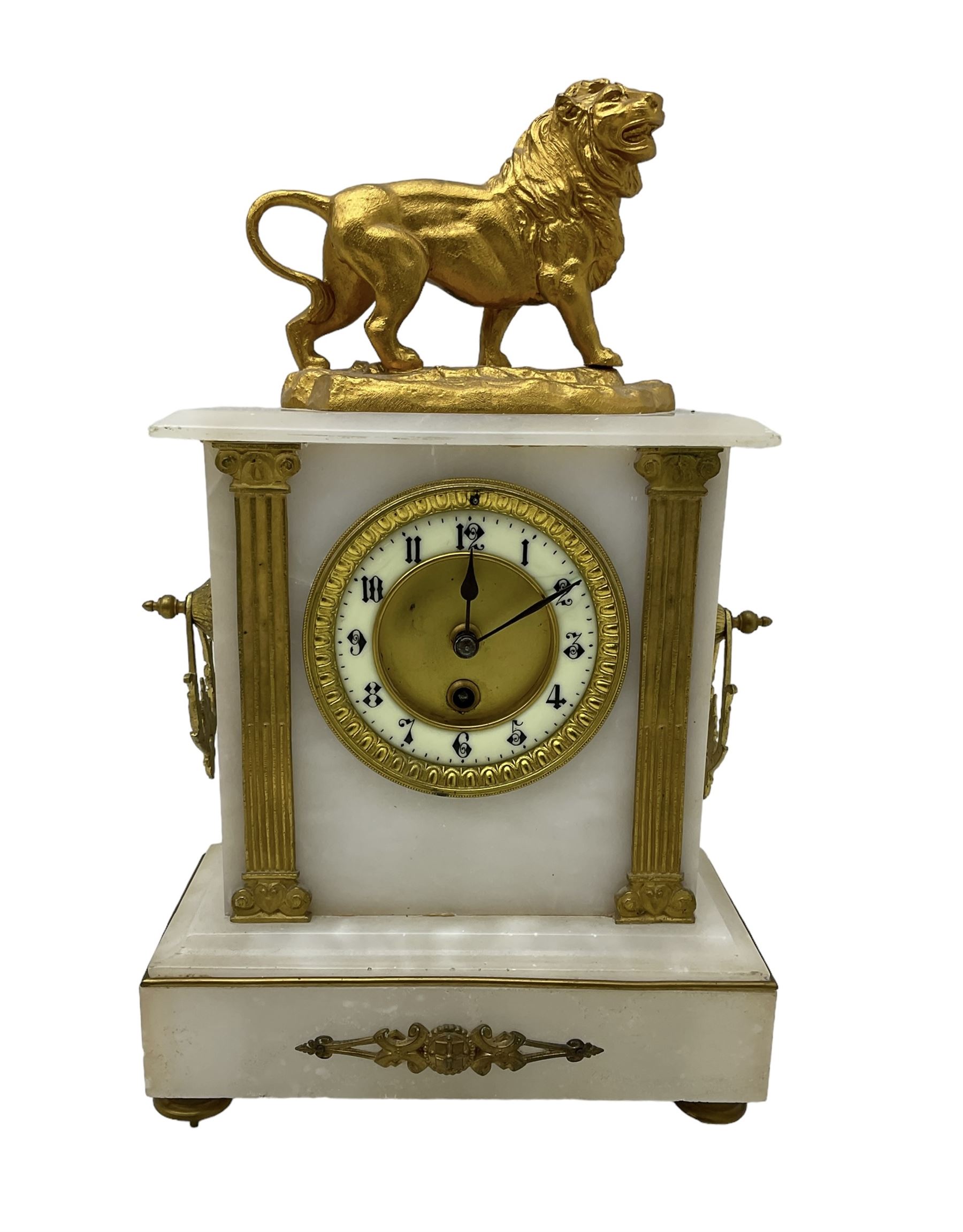 French - mid 19th century 8-day mantle clock in an alabaster case with a flat top surmounted by a gi - Image 2 of 4