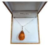 Silver Baltic amber pear shaped pendant necklace