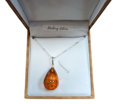 Silver Baltic amber pear shaped pendant necklace