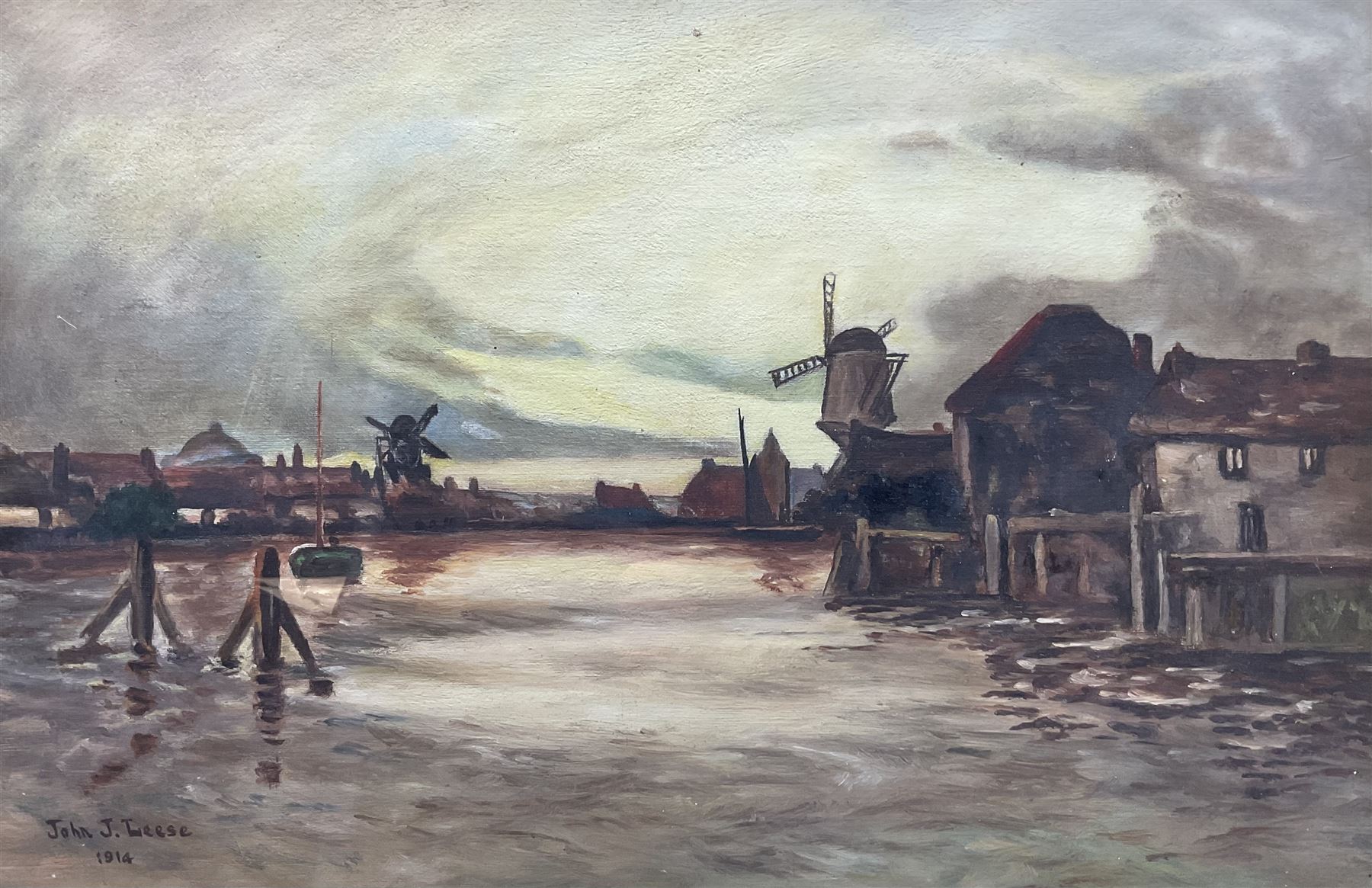 John L Leese (Early 20th century): Dutch Waterway with Windmills