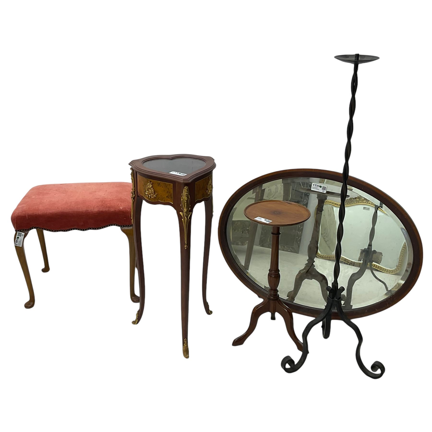 20th century cabriole leg stool; heart shaped bijouterie cabinet; wrought metal candle stand; small