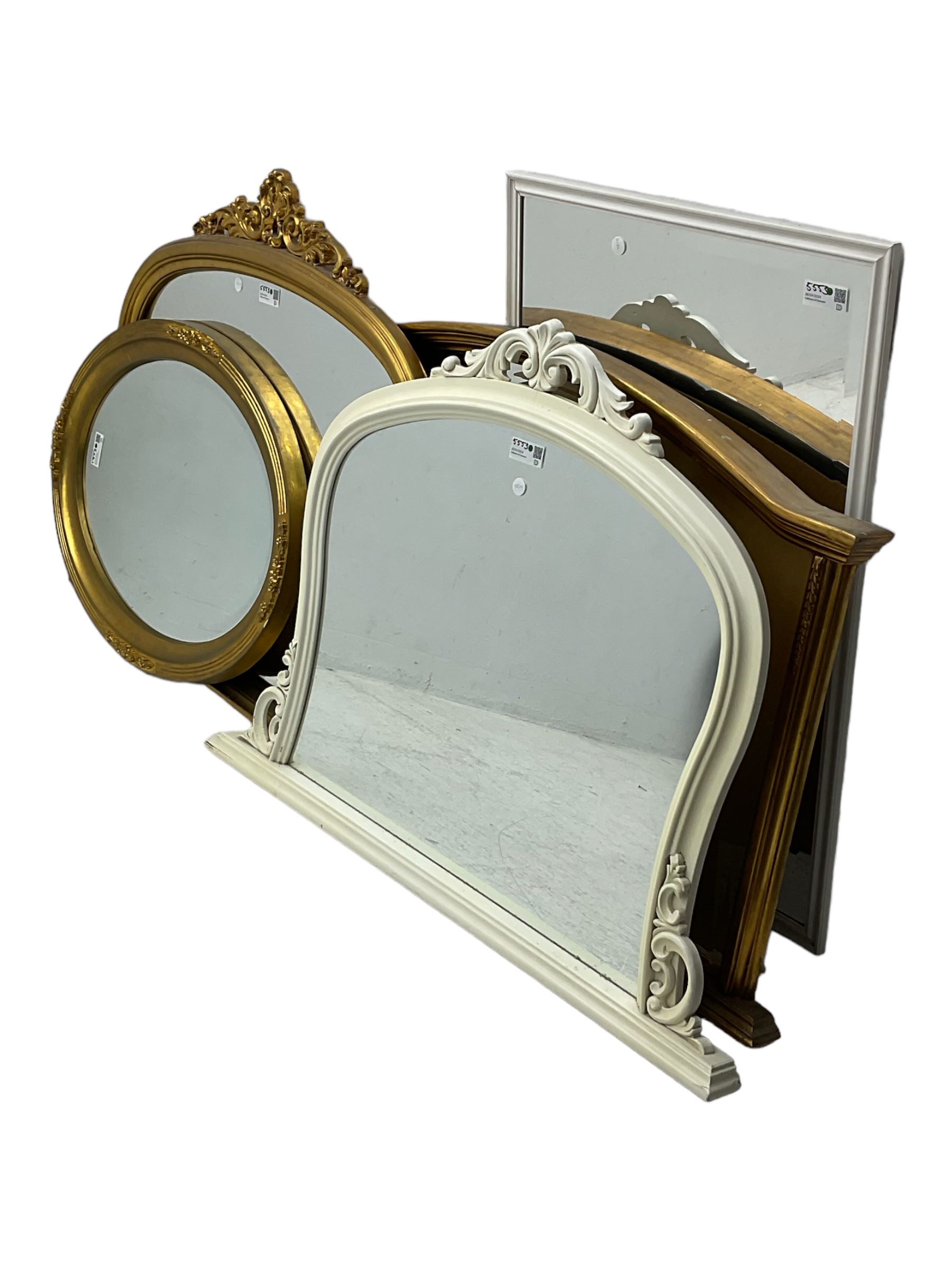 Gilt framed overmantel mirror (122cm x 77cm); gilt framed overmantel mirror with ornate pediment (12