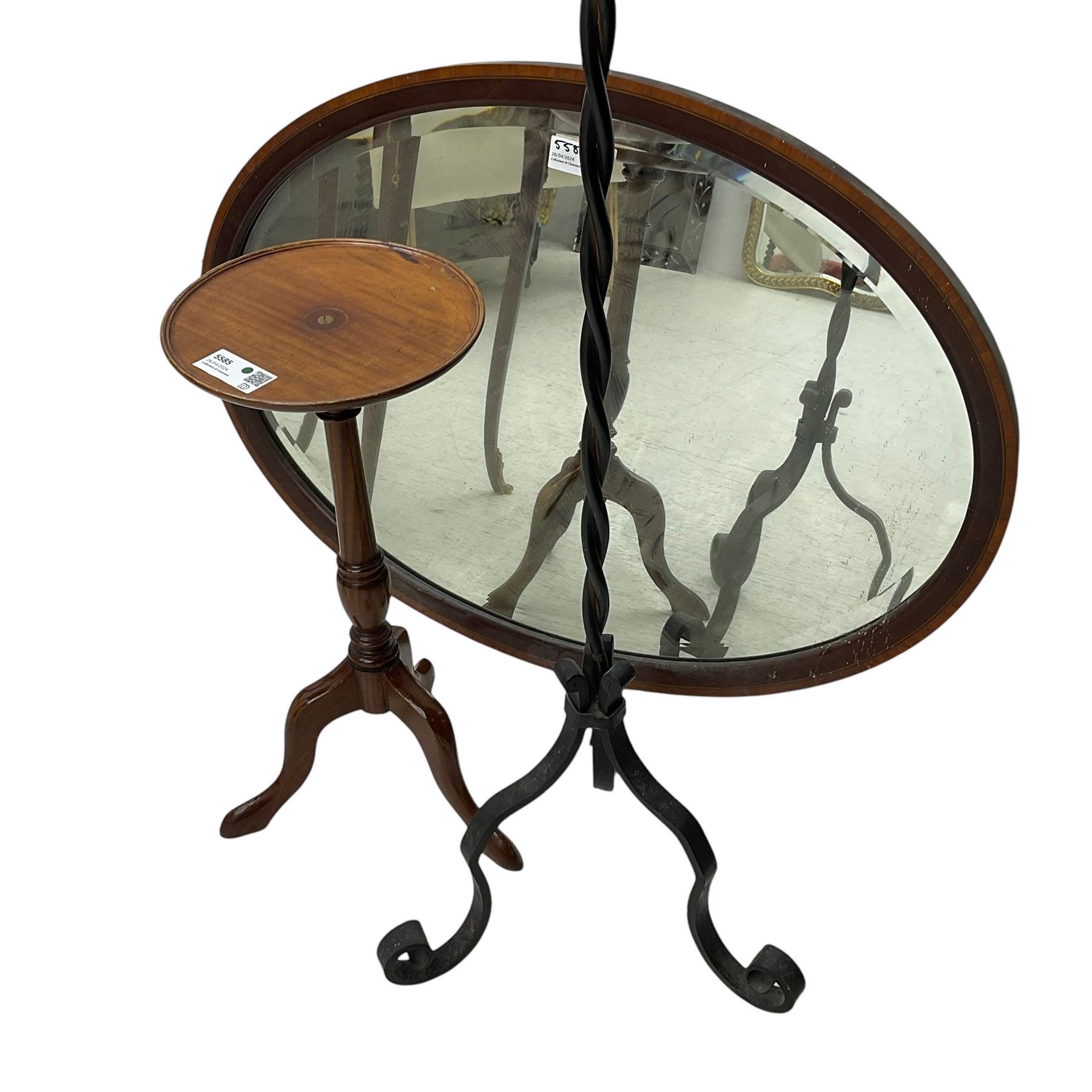 20th century cabriole leg stool; heart shaped bijouterie cabinet; wrought metal candle stand; small - Image 6 of 6
