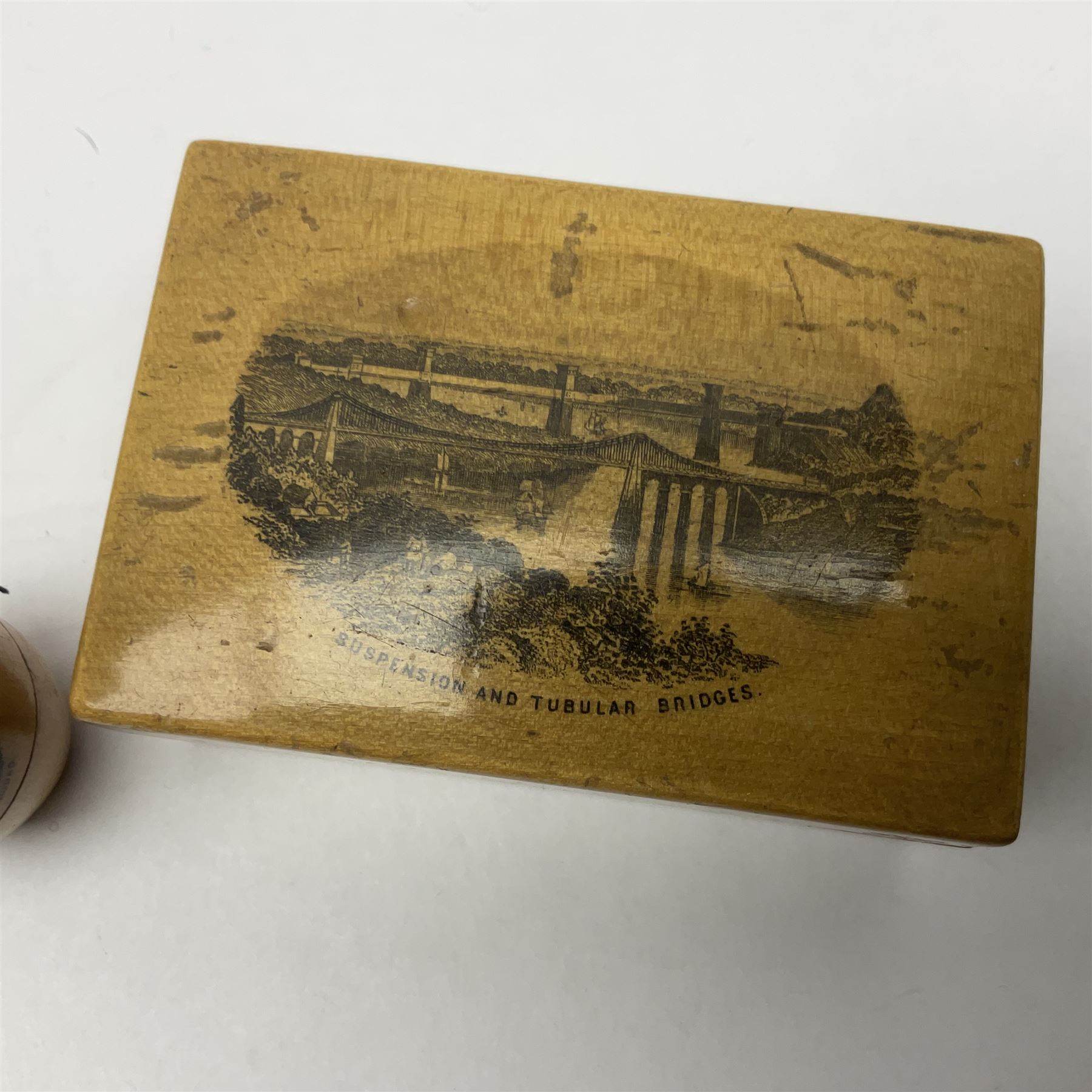 Mauchline ware box decorated with a view of 'Suspension and Tubular Bridges' - Image 2 of 5