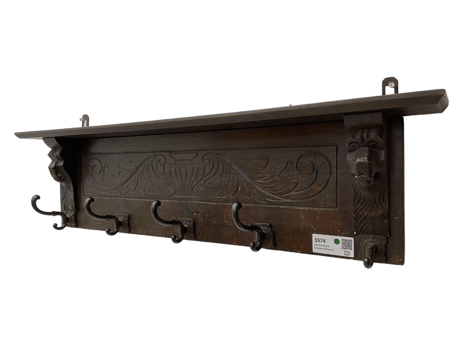 20th century carved stained beech wall hanging coat rack - Image 4 of 5
