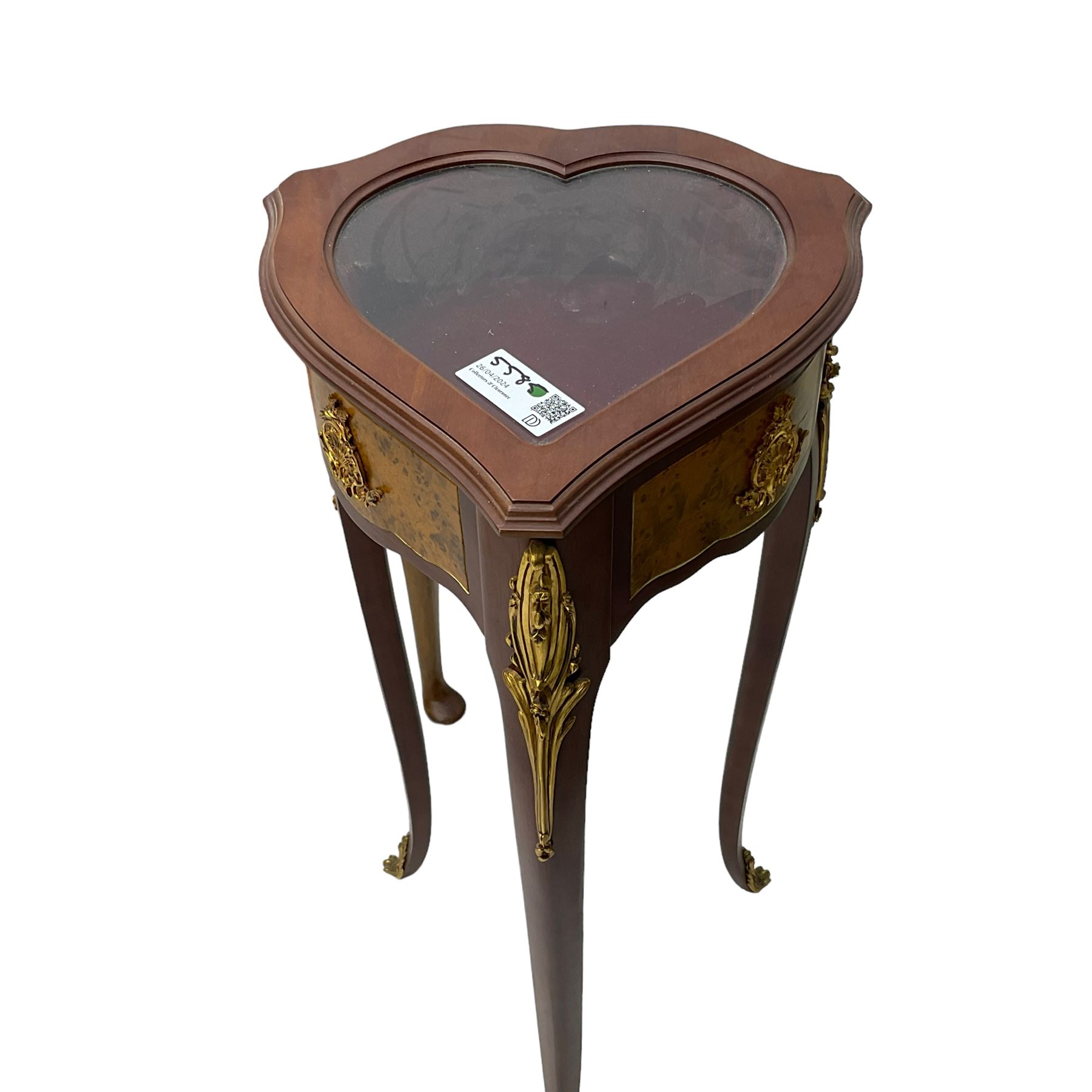 20th century cabriole leg stool; heart shaped bijouterie cabinet; wrought metal candle stand; small - Image 3 of 6