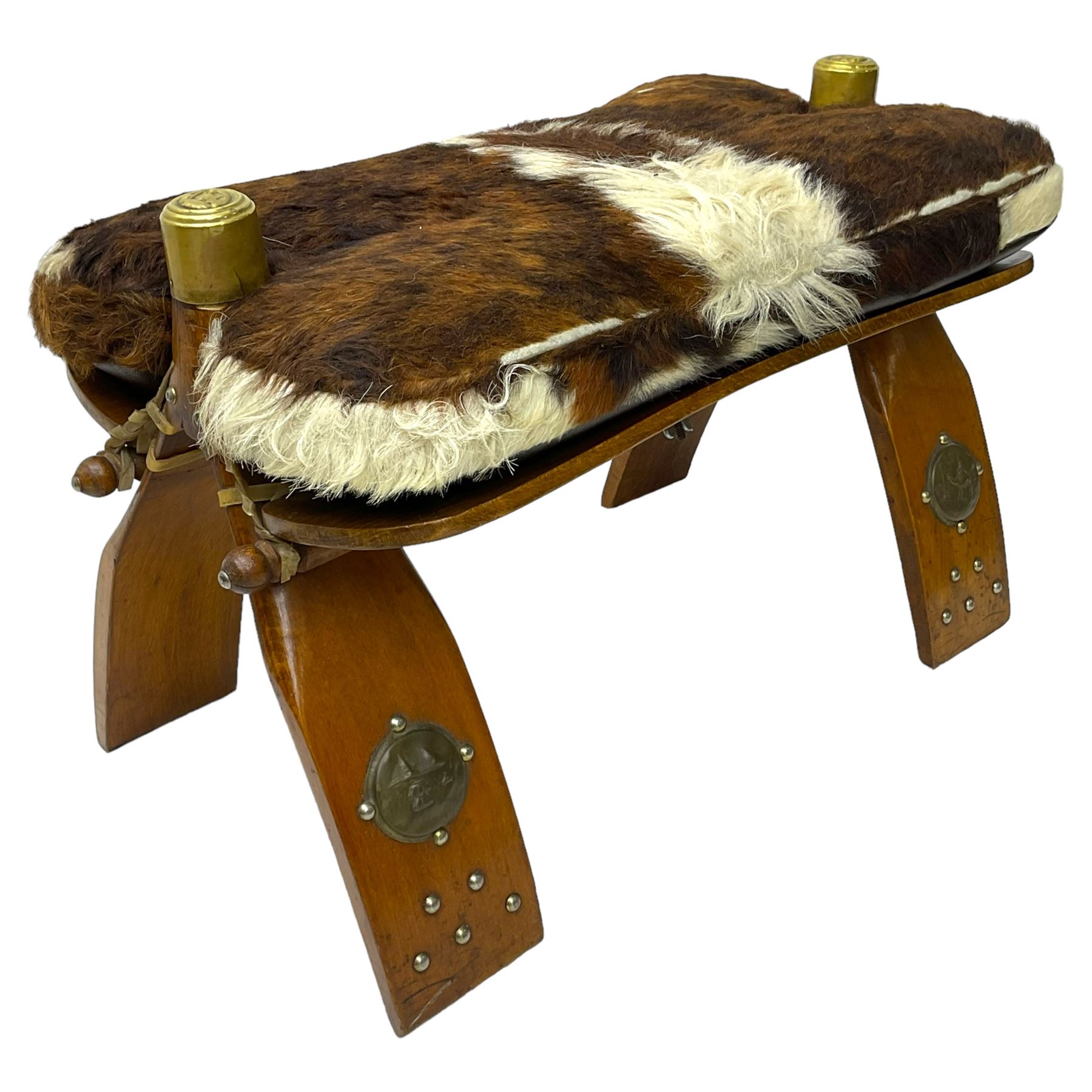20th century beech saddle stool with hide cushion