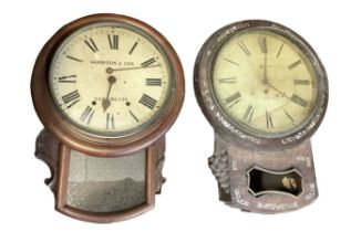 Two drop dial wall clocks. One with an English fusee movement and another with an American twin tr