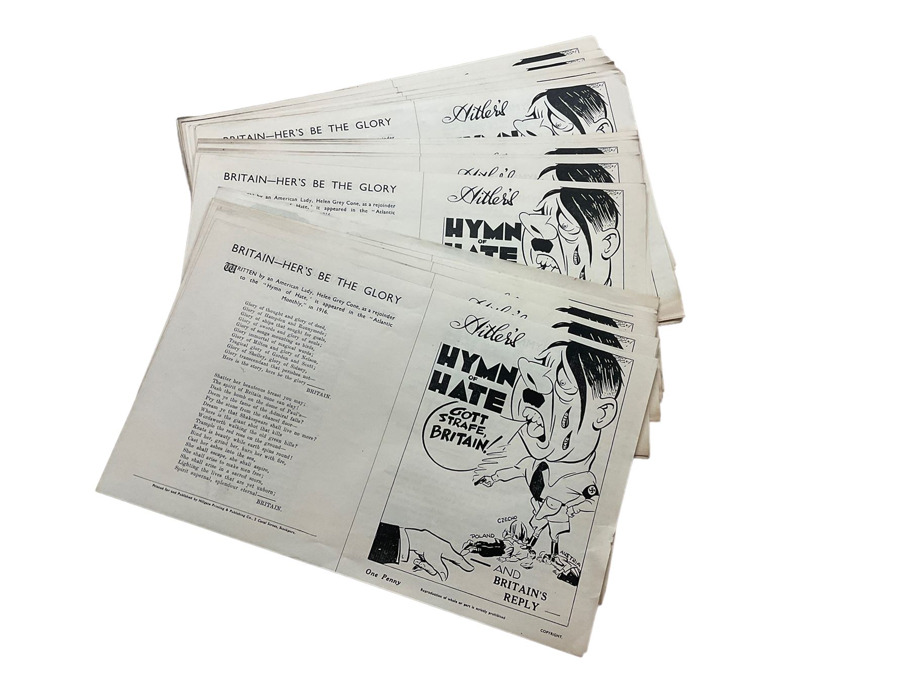 Collection of thirty reproduction propaganda leaflets 'Hitlers Hymn of Hate and Britain's Reply'