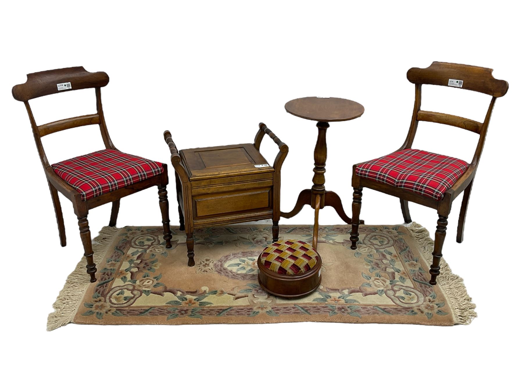 Pair of 19th century rosewood chairs with tartan upholstered drop-in seats (W46cm H88cm); 19th centu