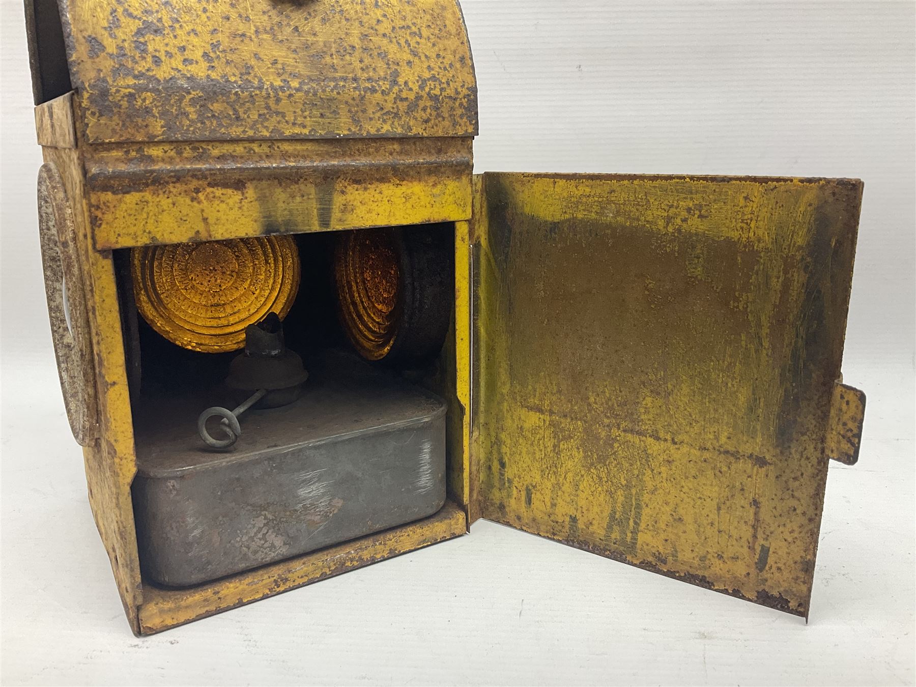HCC yellow painted railway lamp and a British Coal Mining Company Wales brass miners lamp - Image 7 of 14