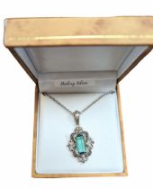 Silver marcasite and green stone pendant necklace