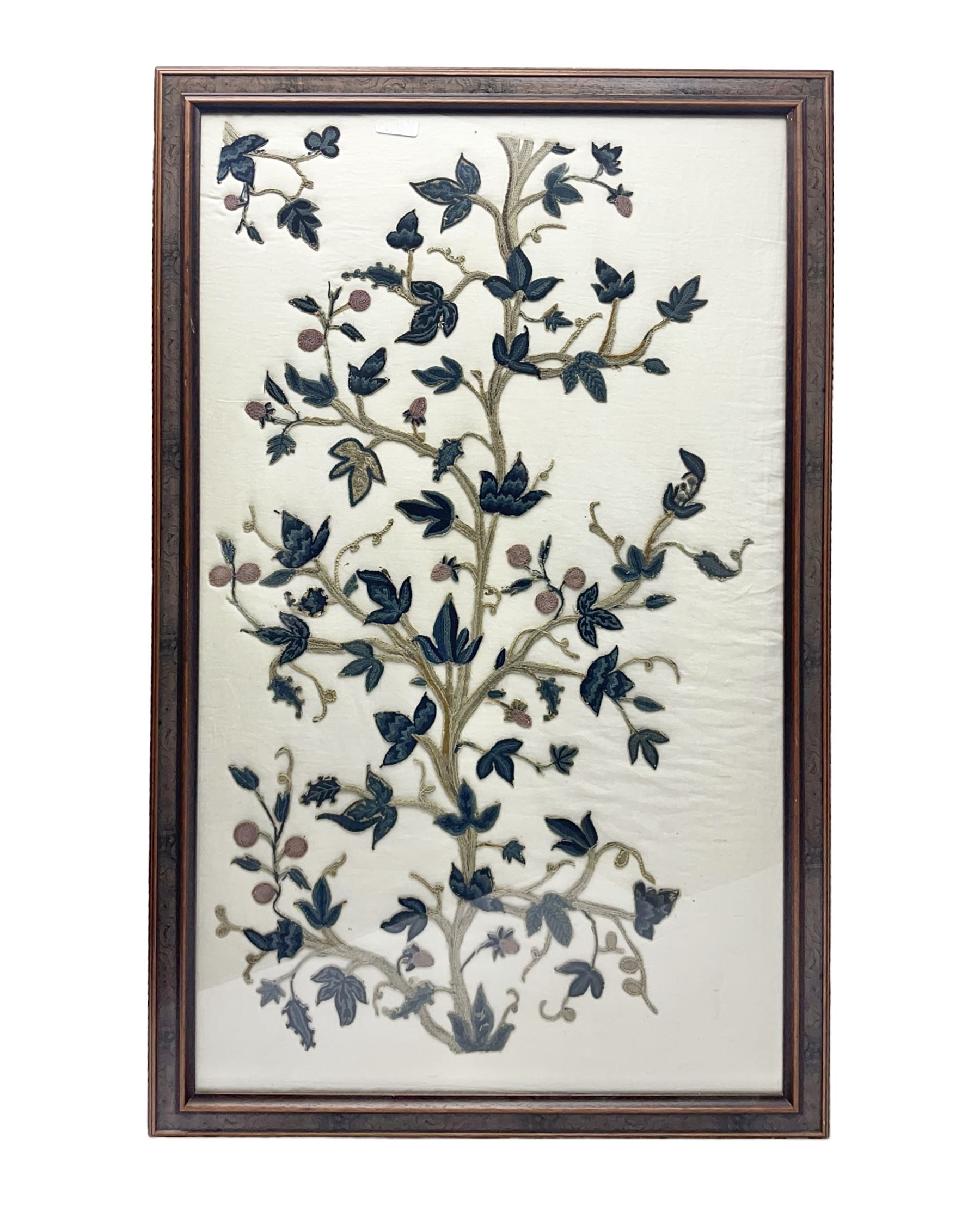 Framed crewelwork embroidered panel