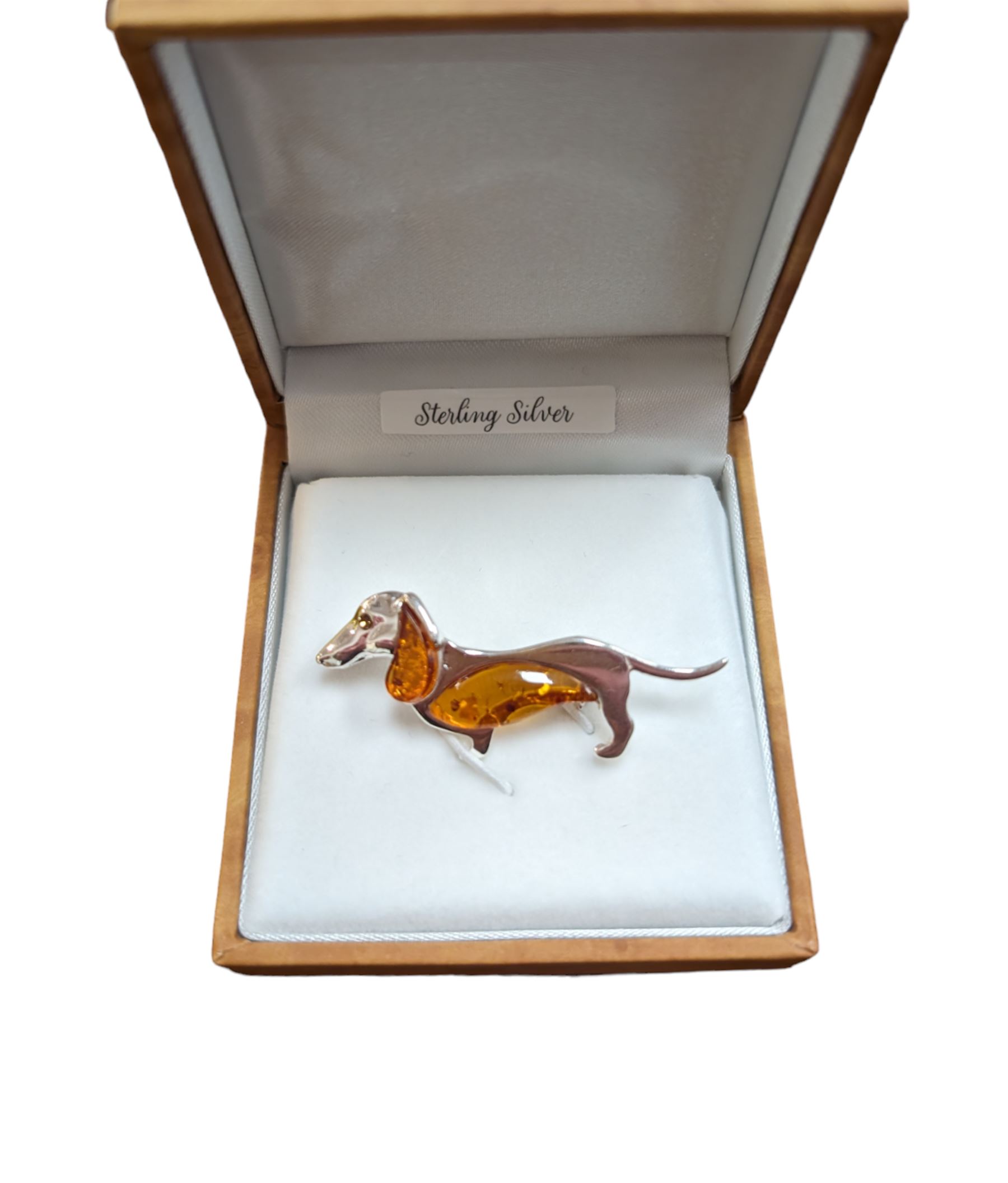 Silver Baltic amber dachshund brooch