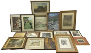Frank Brangwyn print and a selection of other etchings together with further prints and pictures inc