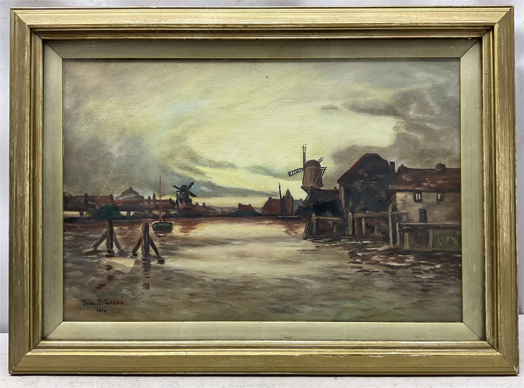 John L Leese (Early 20th century): Dutch Waterway with Windmills - Image 2 of 3